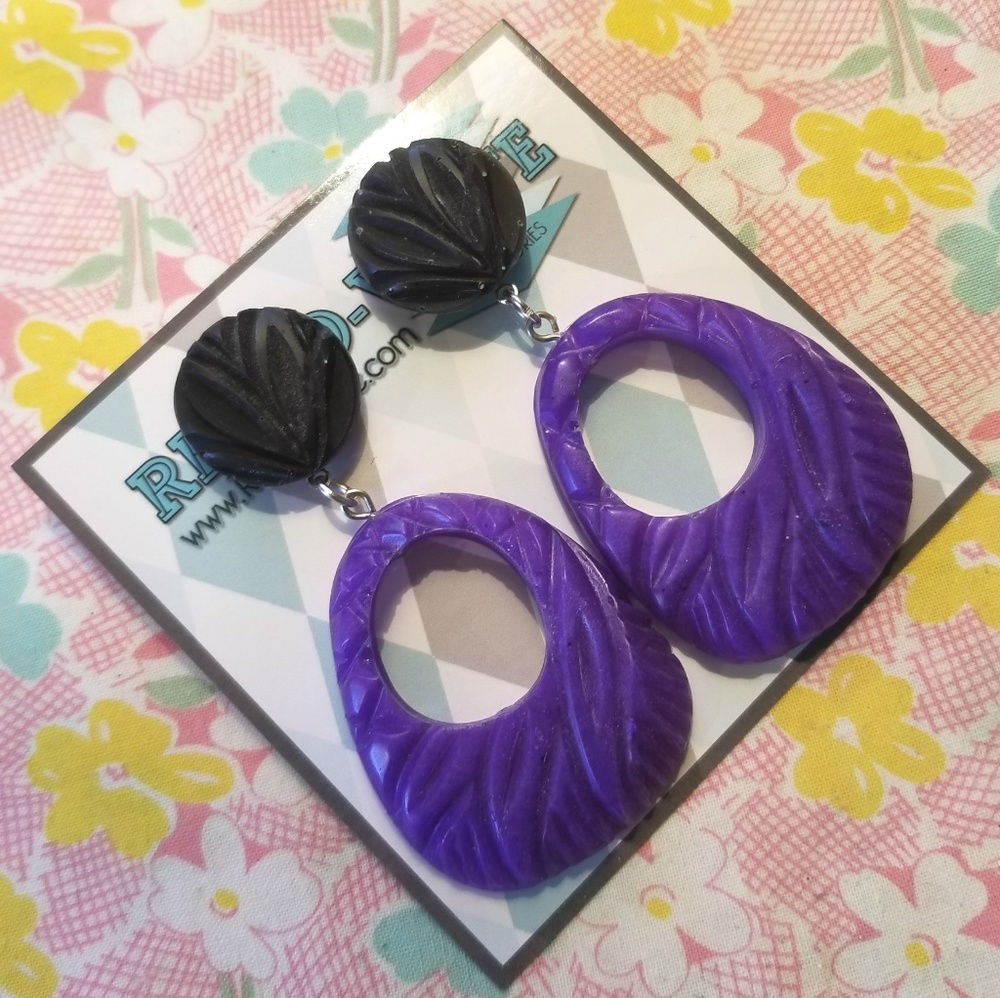 Purple Black Tiki Carved Dangle Hoop Earrings
